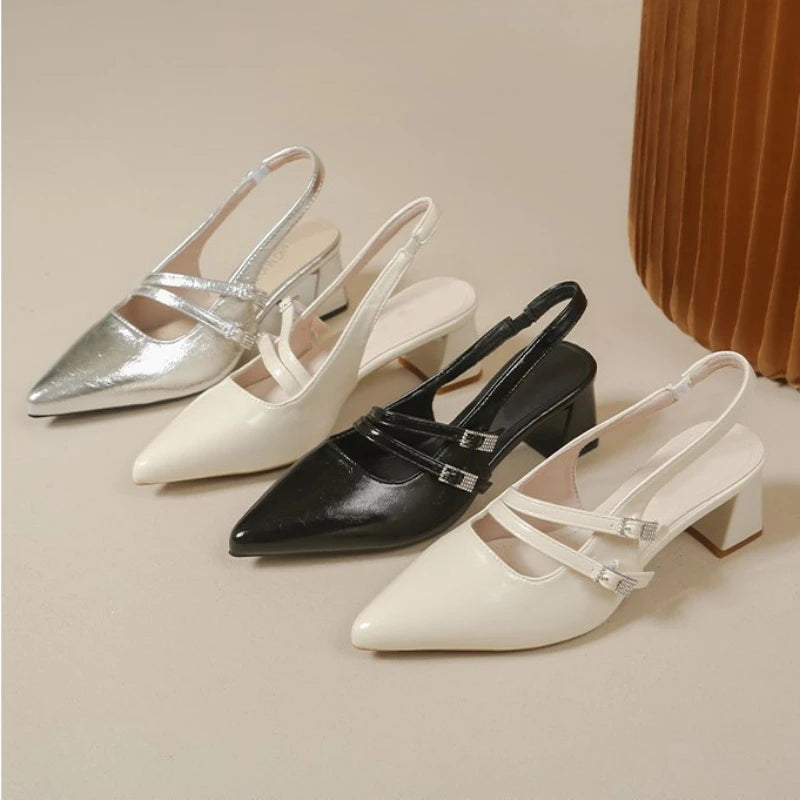 Zapatos de Tacón Ancho con Punta en Pico y Tira Trasera para Mujer, Estilo Francés Chic, Minimalistas, para Oficina, Vestir, Sandalias Casuales con Hebilla para Fiesta