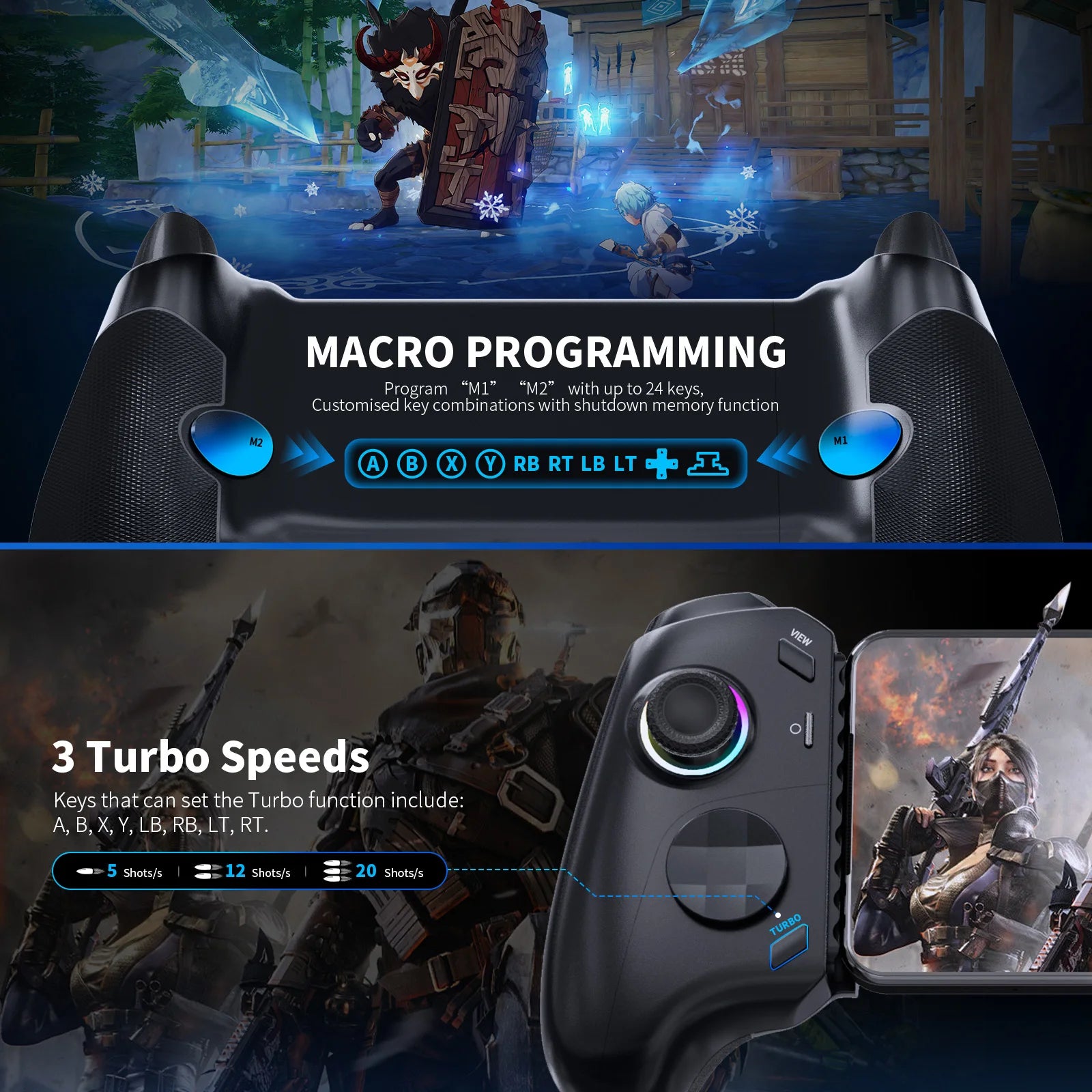 AceGamer Controlador de juegos móvil tipo C para iPhone 15 Series/Android, Gamepad de estiramiento Plug & Play con joysticks de efecto Hall