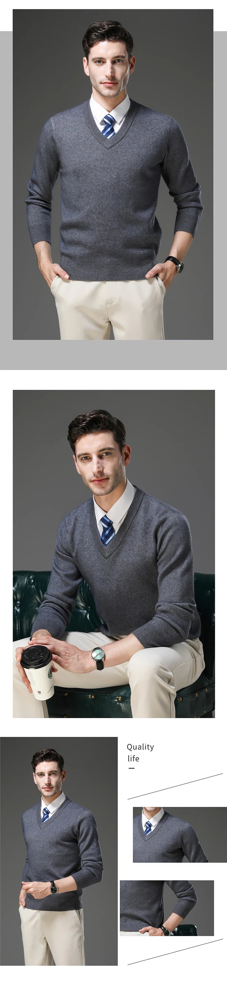 Suéter de Punto Grueso Antipilling para Hombre - Cuello en V