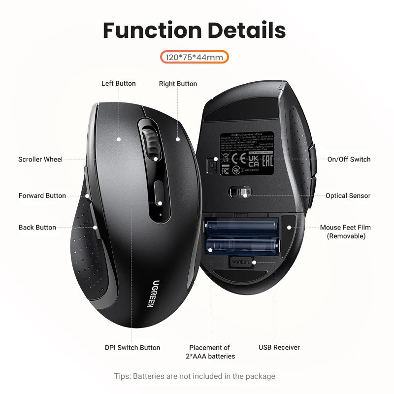 Mouse inalámbrico UGREEN silencioso 1600DPI con receptor USB 2.4GHz