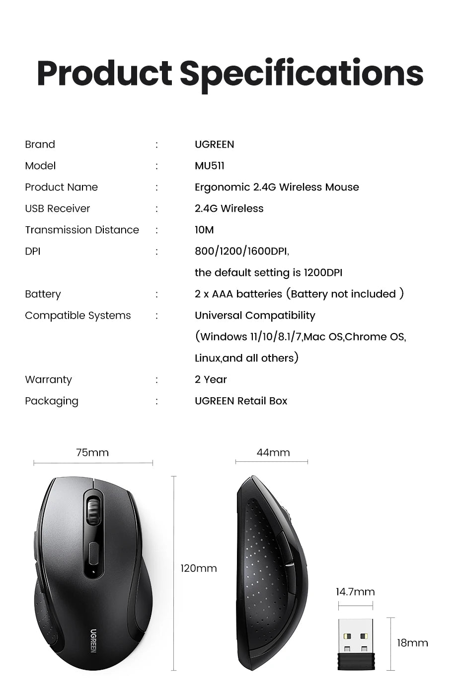 Mouse inalámbrico UGREEN silencioso 1600DPI con receptor USB 2.4GHz