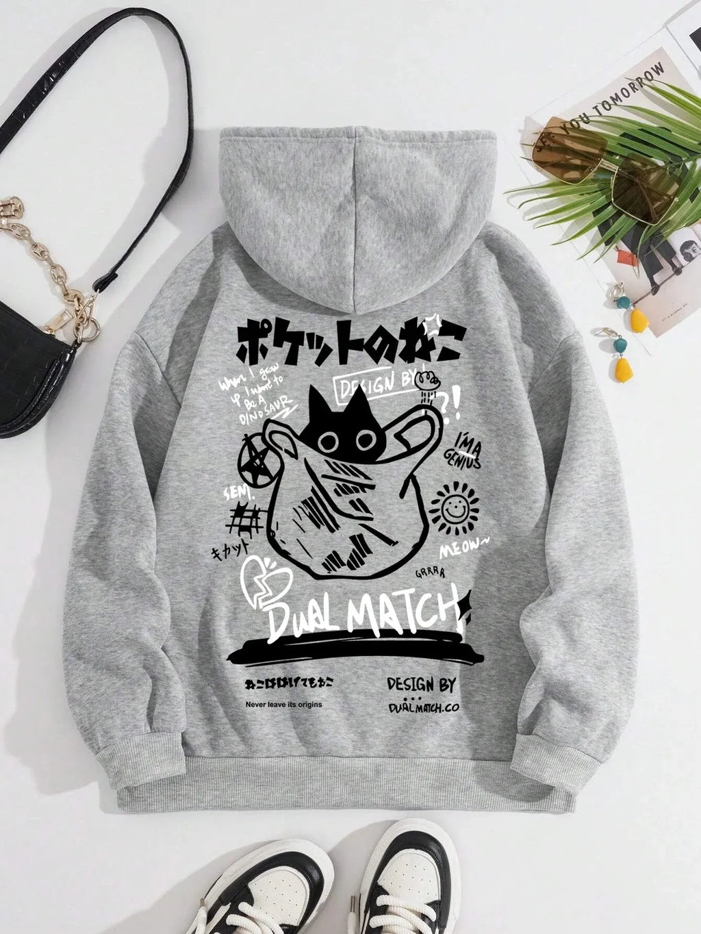 Sudadera con Capucha de Gato Negro Estilo Japonés para Hombre y Mujer, Informal, Deportiva, de Dibujos Animados, de Manga Larga, para Otoño e Invierno