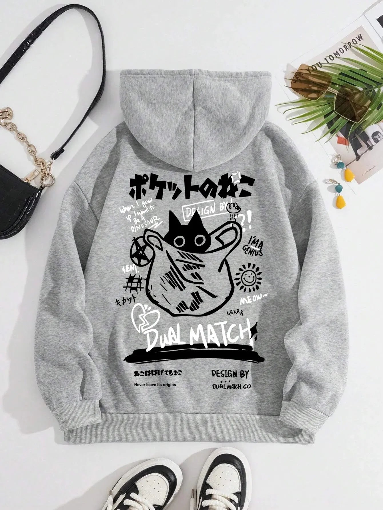 Sudadera con Capucha de Gato Negro Estilo Japonés para Hombre y Mujer, Informal, Deportiva, de Dibujos Animados, de Manga Larga, para Otoño e Invierno