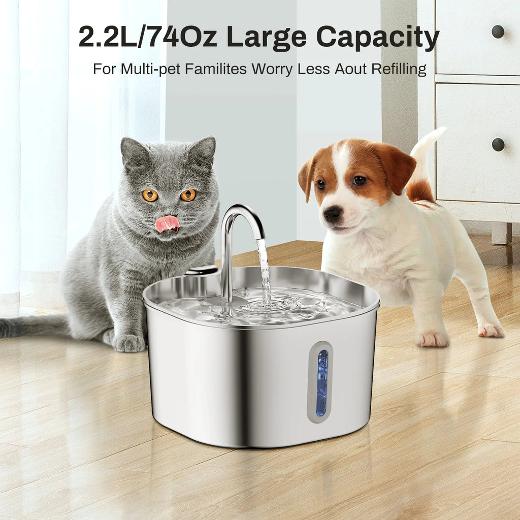 ZYFeeder-fuente de agua automático de 2,2 L, alimentador de agua para mascotas de acero inoxidable, tazón de bebida para gatos/perros, dispensador de agua silencioso con ventana