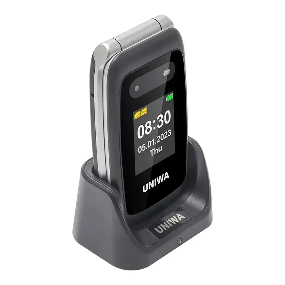 UNIWA V202T teléfono abatible pantalla Dual botón grande tarjetas SIM duales red 4G soporte para teléfono móvil base de carga para personas mayores