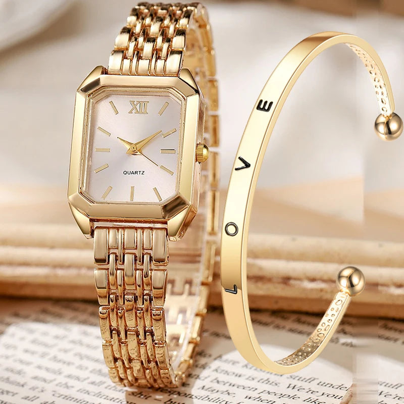 2 unids/set de reloj de cuarzo de lujo para mujer con pulsera de amor, conjunto de banda de aleación, relojes de pulsera de cuarzo para mujer de negocios, reloj femenino dorado