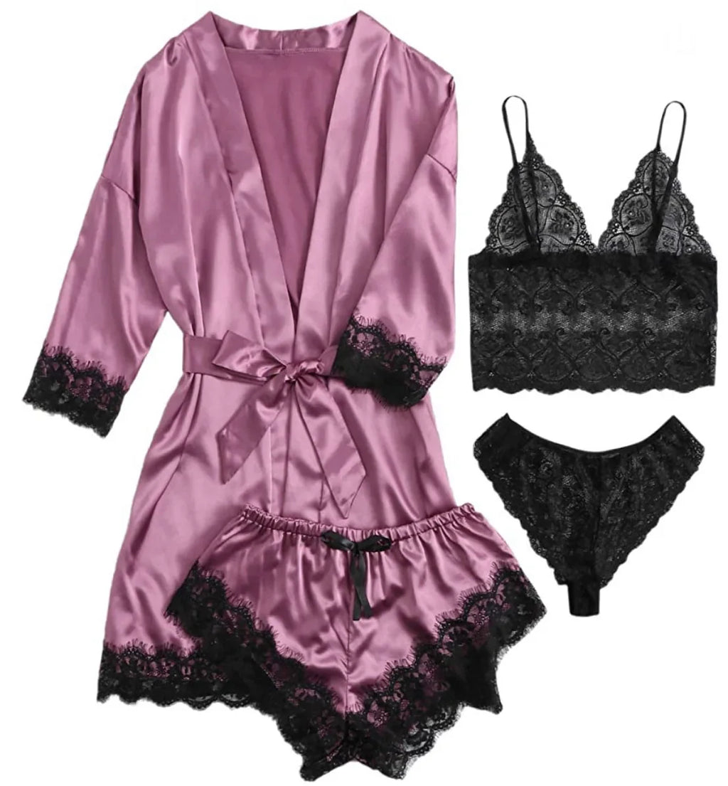 Conjunto de Pijama Sexy para Mujer 4 Piezas con Encaje