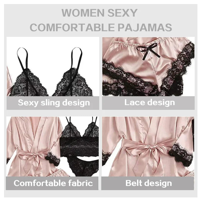 4 piezas ropa de dormir para mujer pijamas Ser con bata lencería de encaje Sexy Albornoz satén de seda ropa de dormir para el hogar bata