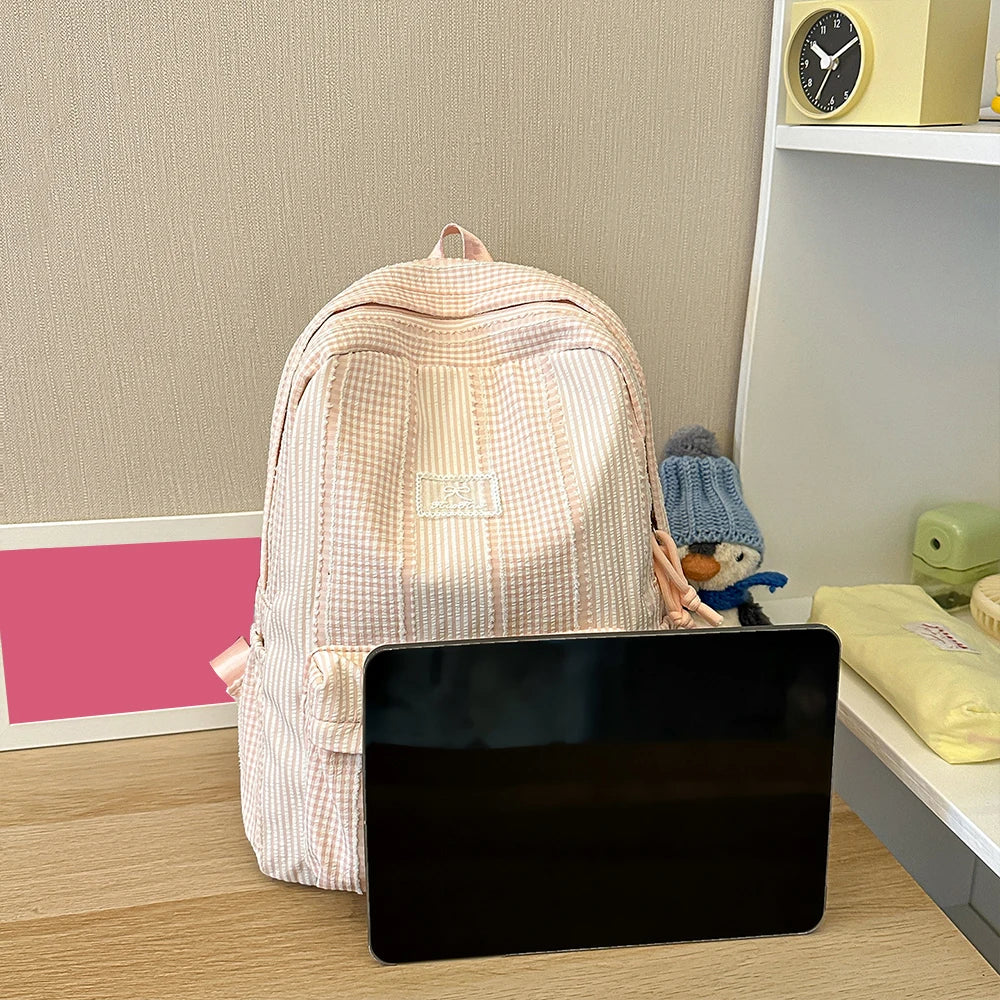 Mochila con Rayas Mixtas, Mochila de Tela Suave, Linda Mochila Escolar en Tonos Pastel para Adolescentes, para el Campus y Uso Diario Informal