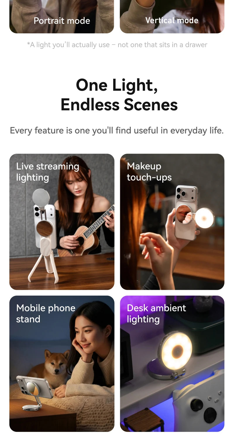 TELESIN Magnético 360 °   Mini Lámpara de Relleno RGB Giratoria, Luz para Selfies con 3 Modos de Color y Brillo Ajustables para Teléfonos Inteligentes iPhone y Android