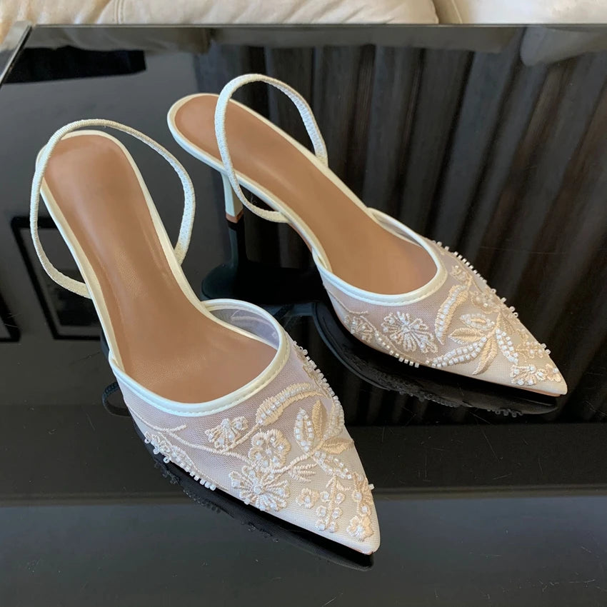 Sandalias de Tacón Alto con Malla Bordada y Cuentas para Mujer