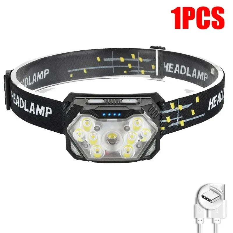 Linterna frontal 9 LED recargable USB con sensor movimiento