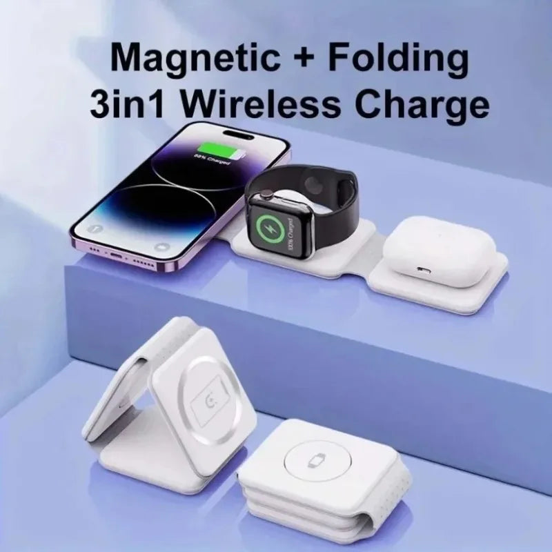 Cargador Inalámbrico Plegable 3 en 1 de Carga Rápida para Escritorio, Compatible con iPhone 17 16 15 14 13 Pro Max, iWatch 10 9 8 7 6, AirPods Pro 2