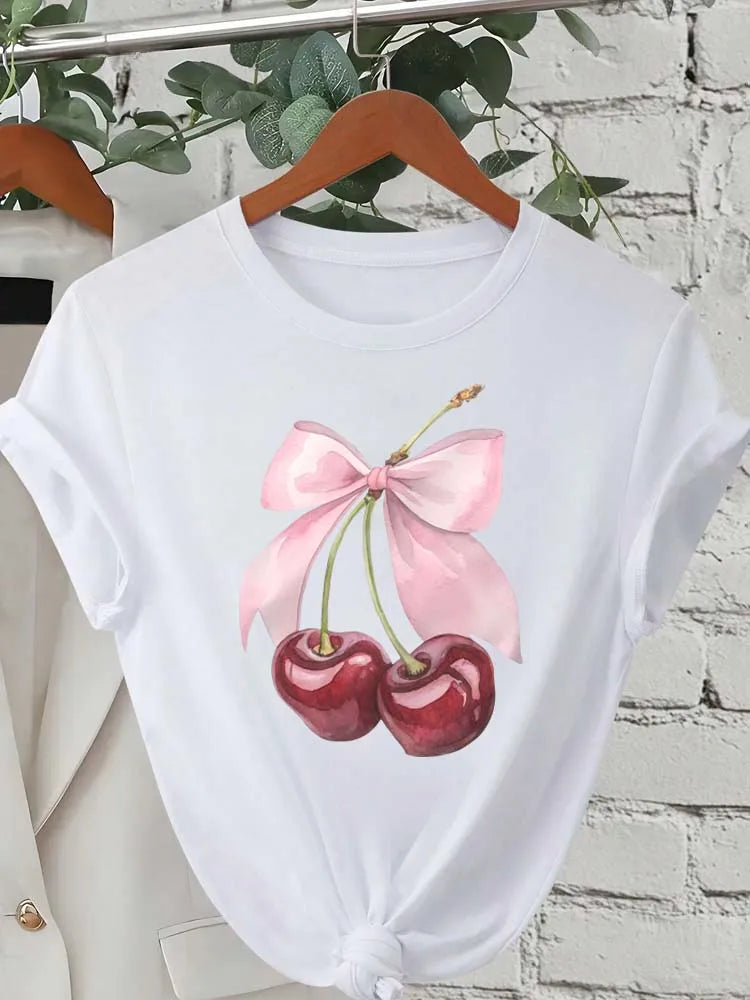 Camiseta con Estampado de Cereza para Mujer, Manga Corta