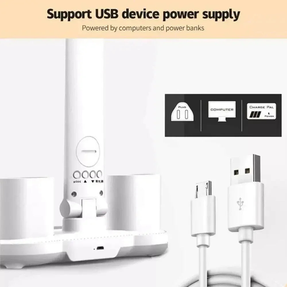Lámpara de escritorio LED, lámpara de ventilador plegable portátil, reloj de pantalla inteligente, lámpara de escritorio recargable por USB, protección ocular, luz de escritorio de lectura para estudio