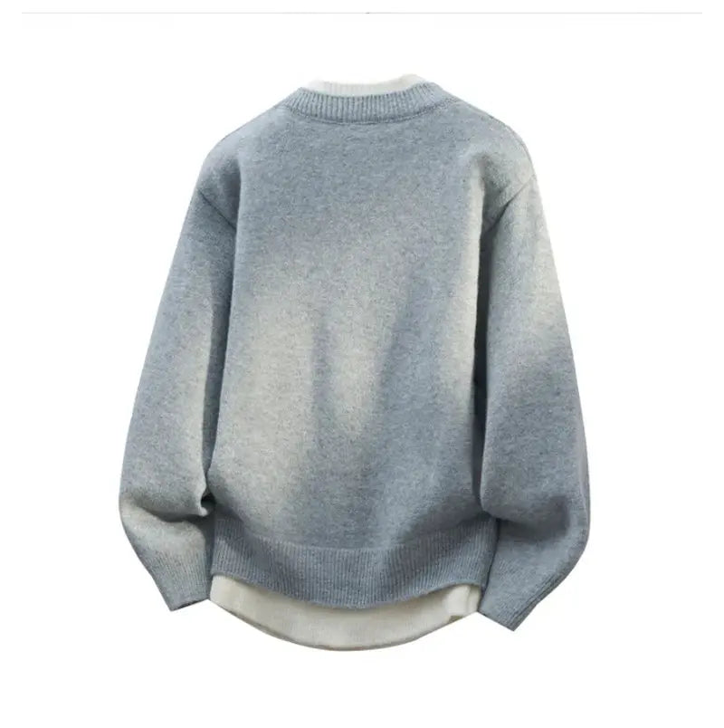 Jersey falso de dos piezas para hombre, cárdigan con cuello redondo, ropa de manga larga, suéter de punto informal juvenil cómodo y térmico