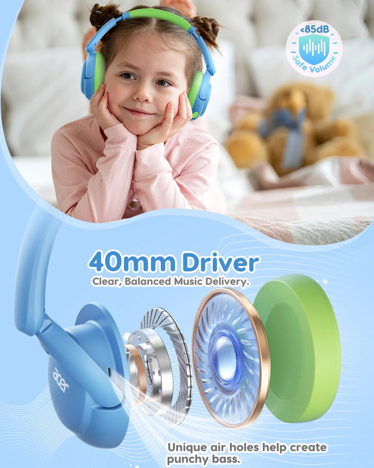 Acer OHR725 Auriculares Infantiles Bluetooth 5.4 85dB