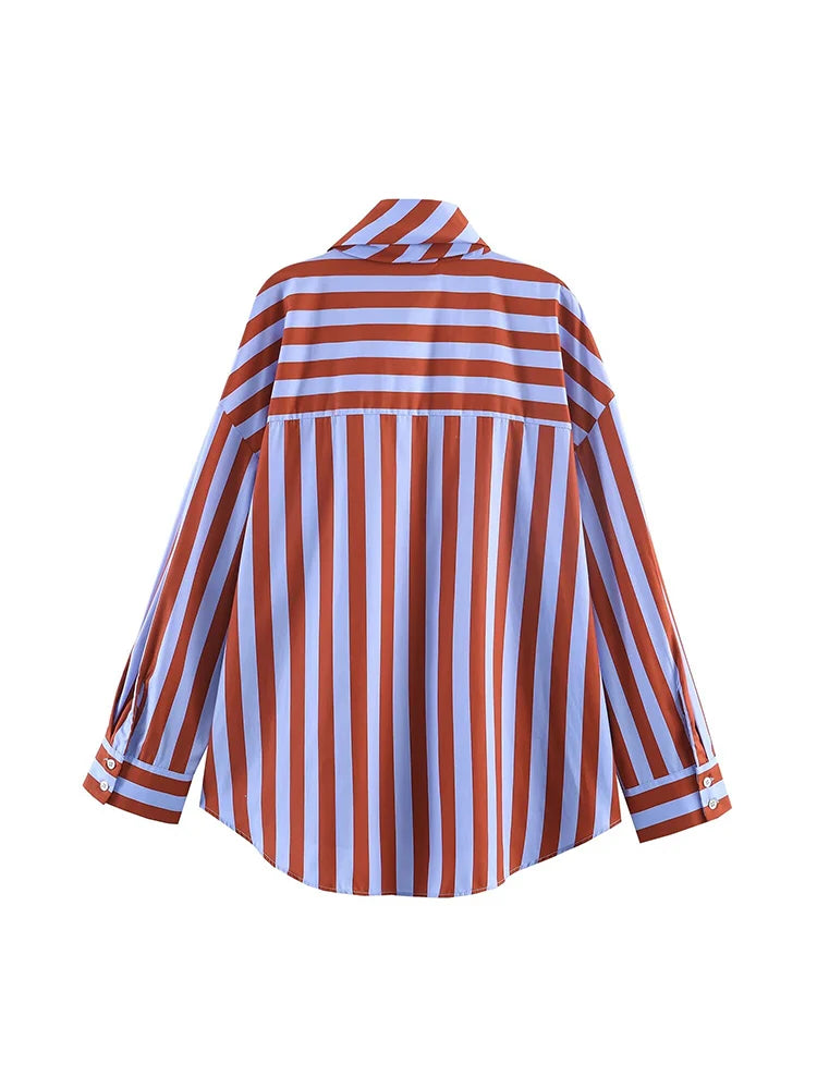 Camisa a Rayas de Manga Larga con Cuello de Lazo