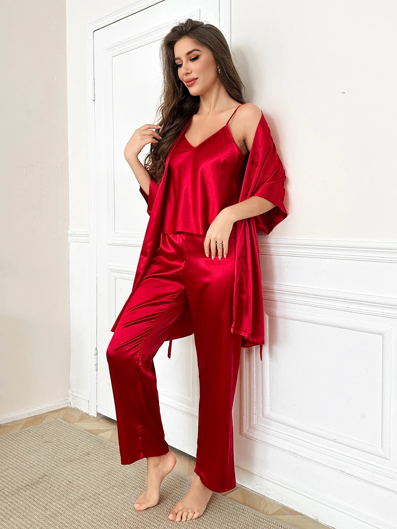 Pijama de 3 Piezas para Mujer con Bata y Pantalones