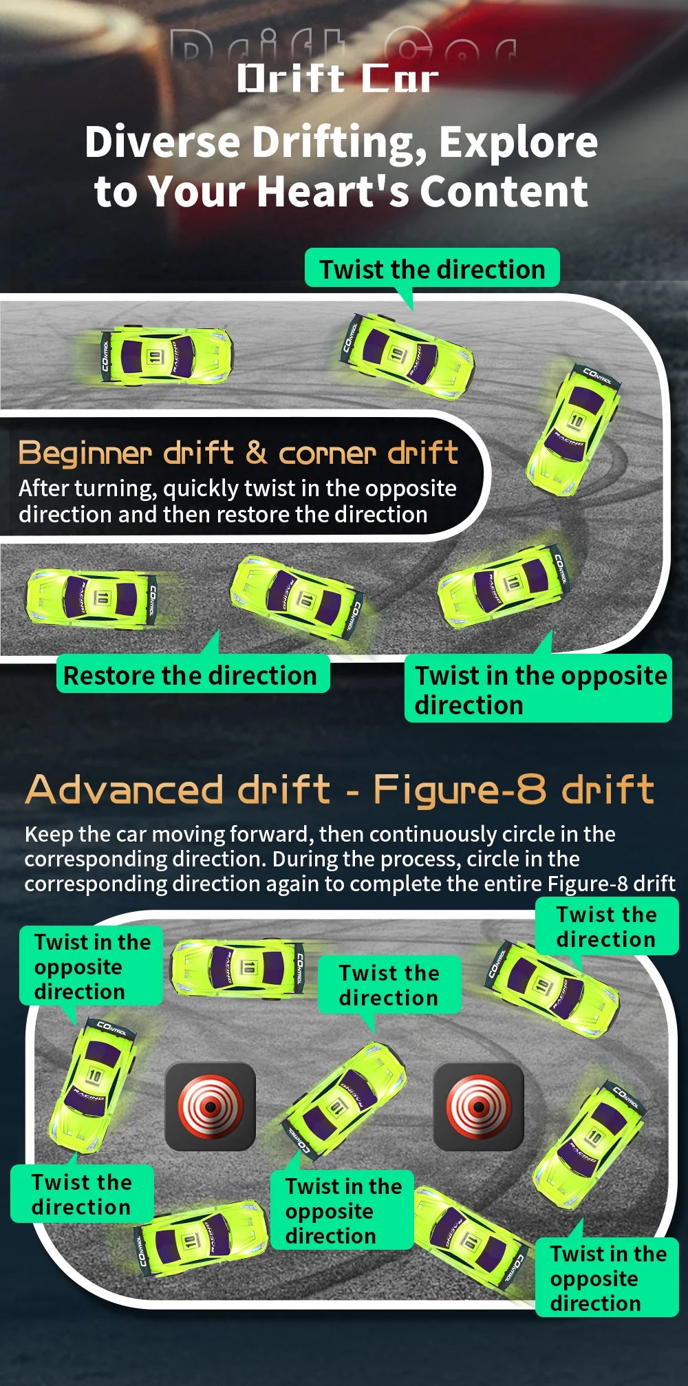 Mini Coche RC de Drift, 2.4G 4WD, Alta Velocidad con Luces LED