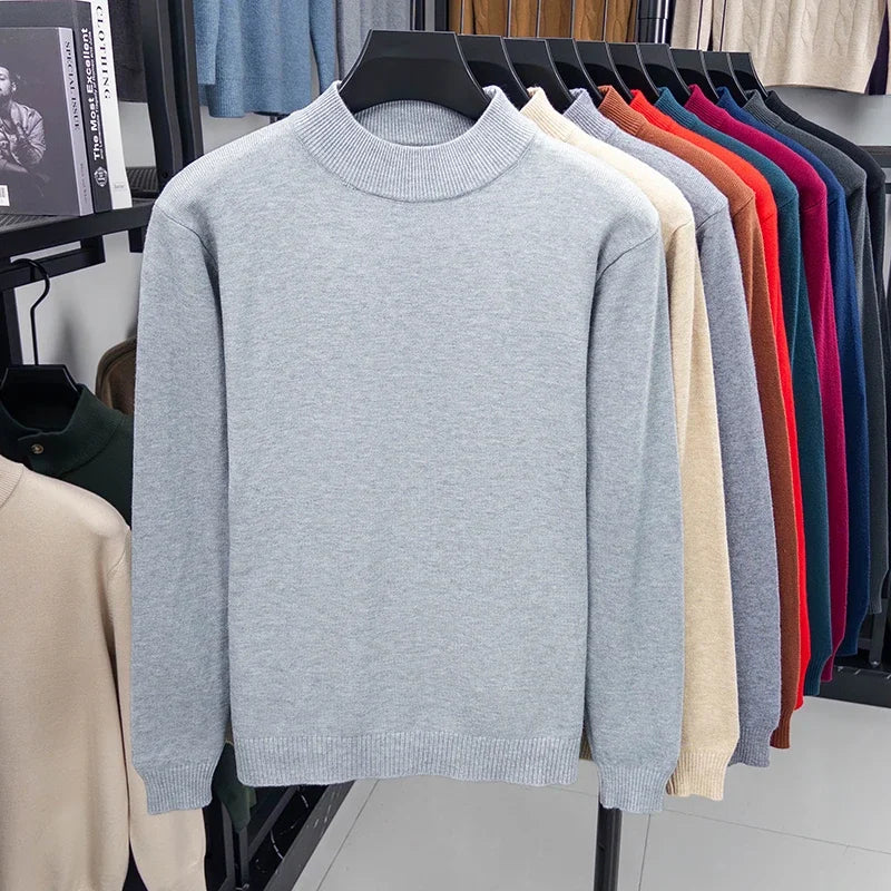Suéter de punto de medio cuello alto para hombre, jersey de Color sólido con cuello simulado, sudadera informal de Otoño/Invierno, ropa de marca para hombre
