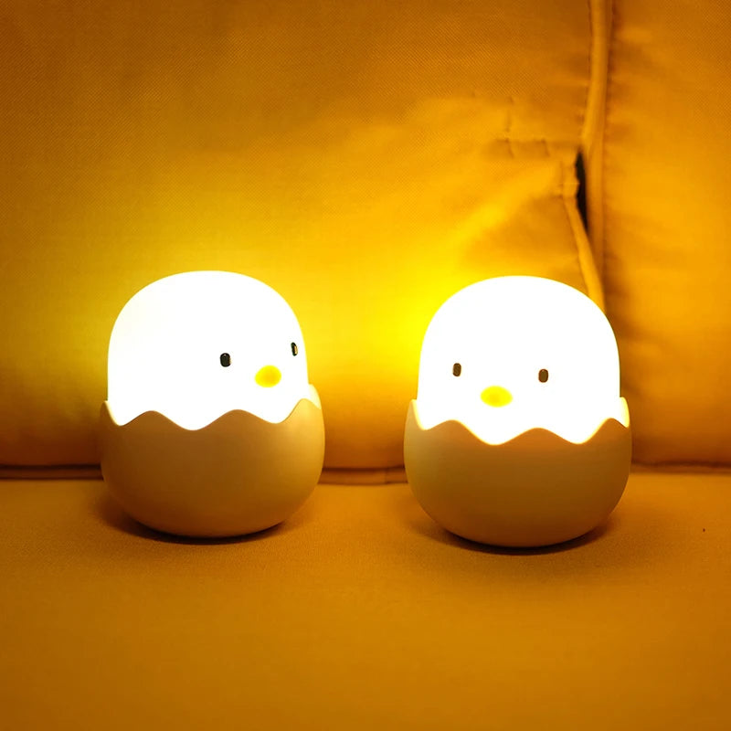 Luz nocturna de pollo de cáscara de huevo, luz LED de dibujos animados para dormitorio, luz ajustable táctil, luz cálida recargable, luz de ambiente