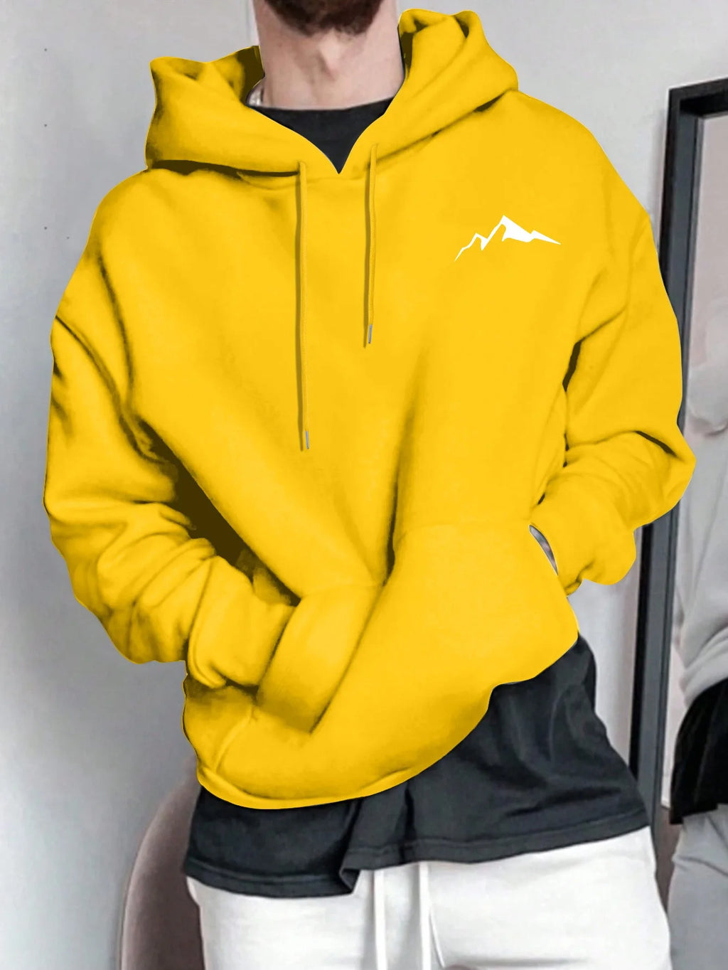 Sudadera con capucha de manga larga con estampado gráfico de montaña, informal, holgada, para hombre, de otoño e invierno, cálida.