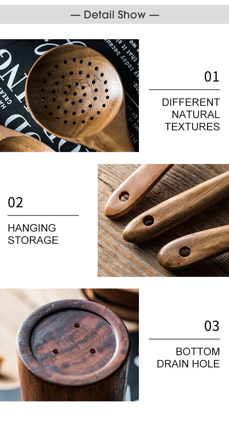 9 cucharas de madera para cocinar, utensilios de madera para cocinar con soporte para utensilios, juego de utensilios de cocina de madera de teca