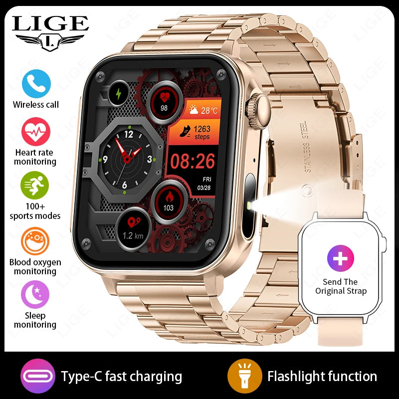 Smartwatch LIGE con llamadas Bluetooth, monitor de salud y carga rápida tipo C