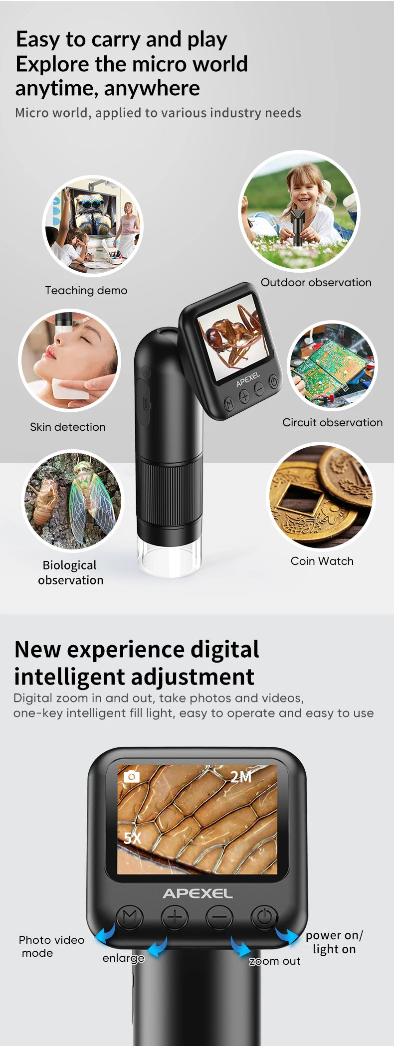 Microscopio Digital APEXEL 400-800X con Pantalla LCD y Luz LED