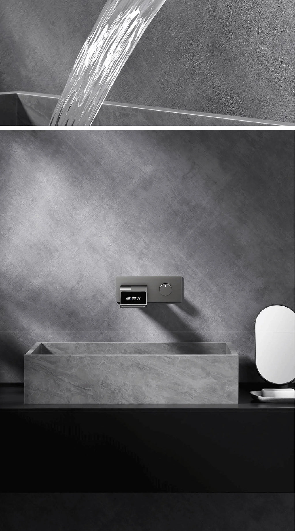 Grifo de baño montado en la pared de latón gris con pistola de lujo con pantalla digital LED Grifo de baño integrado de agua fría y caliente con una sola manija