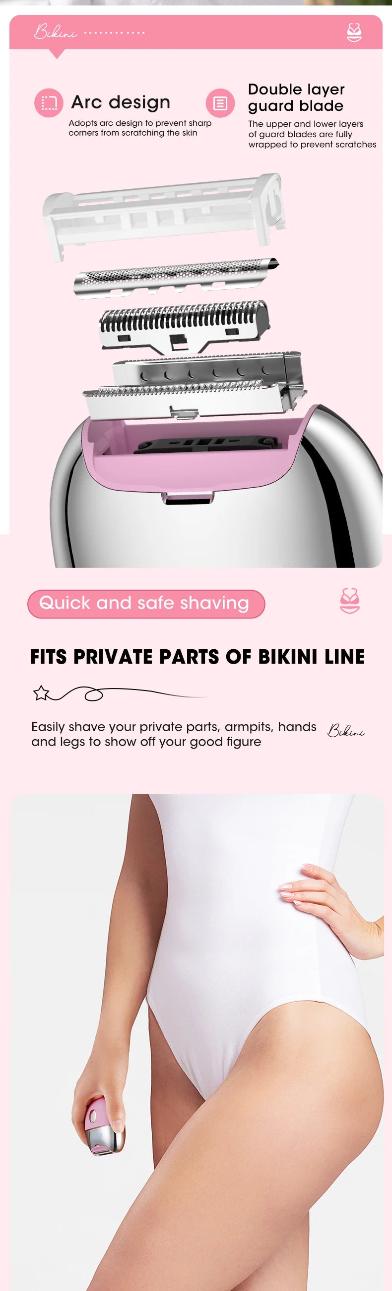 Maquinillas de afeitar eléctricas para mujer, afeitadora de pelo corporal recargable por USB, recortadora de Bikini para mujer, depilación de doble hoja para piernas y axilas
