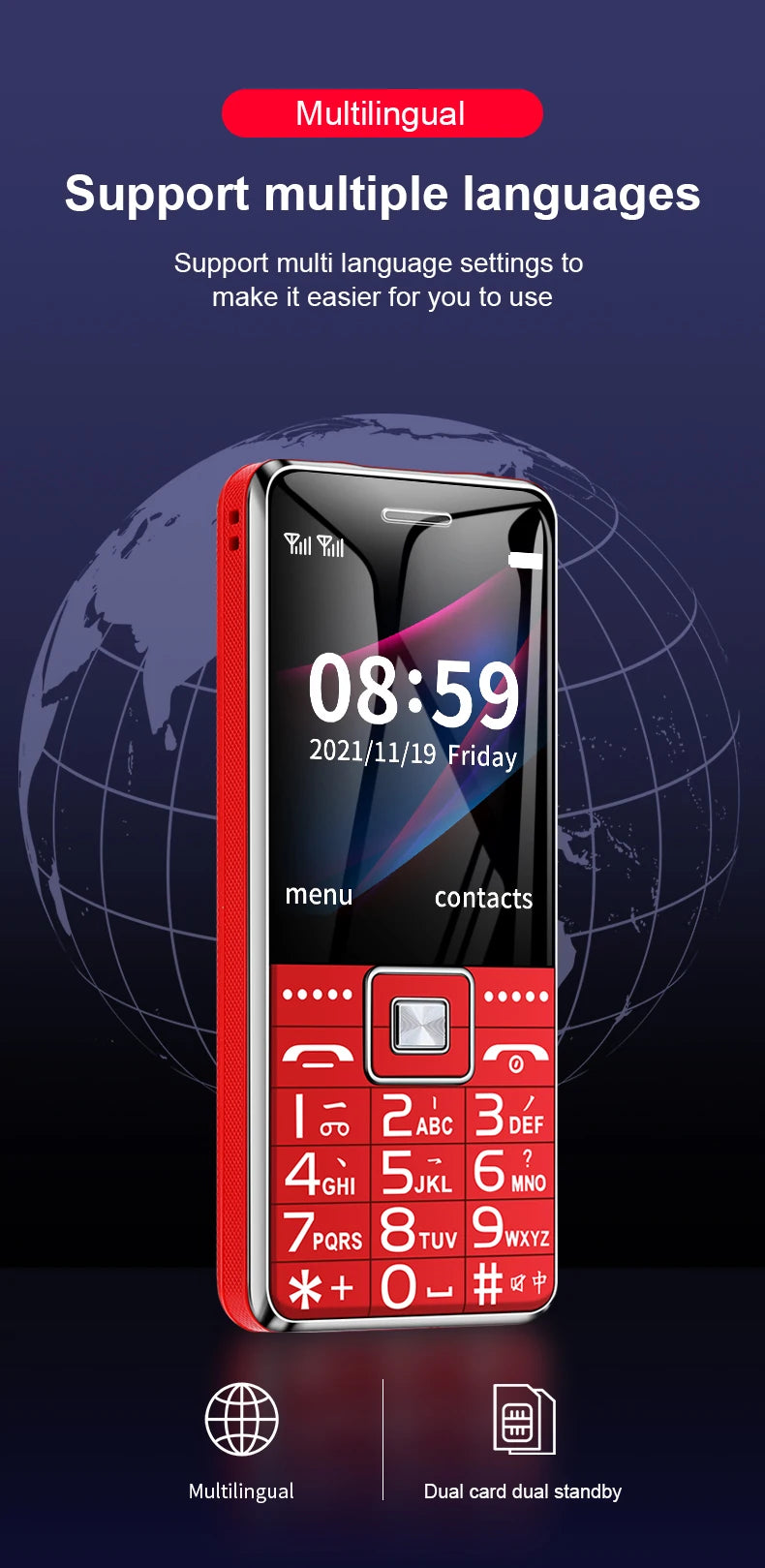 Teléfono GSM 2G BAR G600, tarjeta SIM Dual, batería de 6800mAh, tecla grande SOS, pantalla de 2,4 pulgadas, teléfono móvil para ancianos y mujeres, reccodificador de MP3