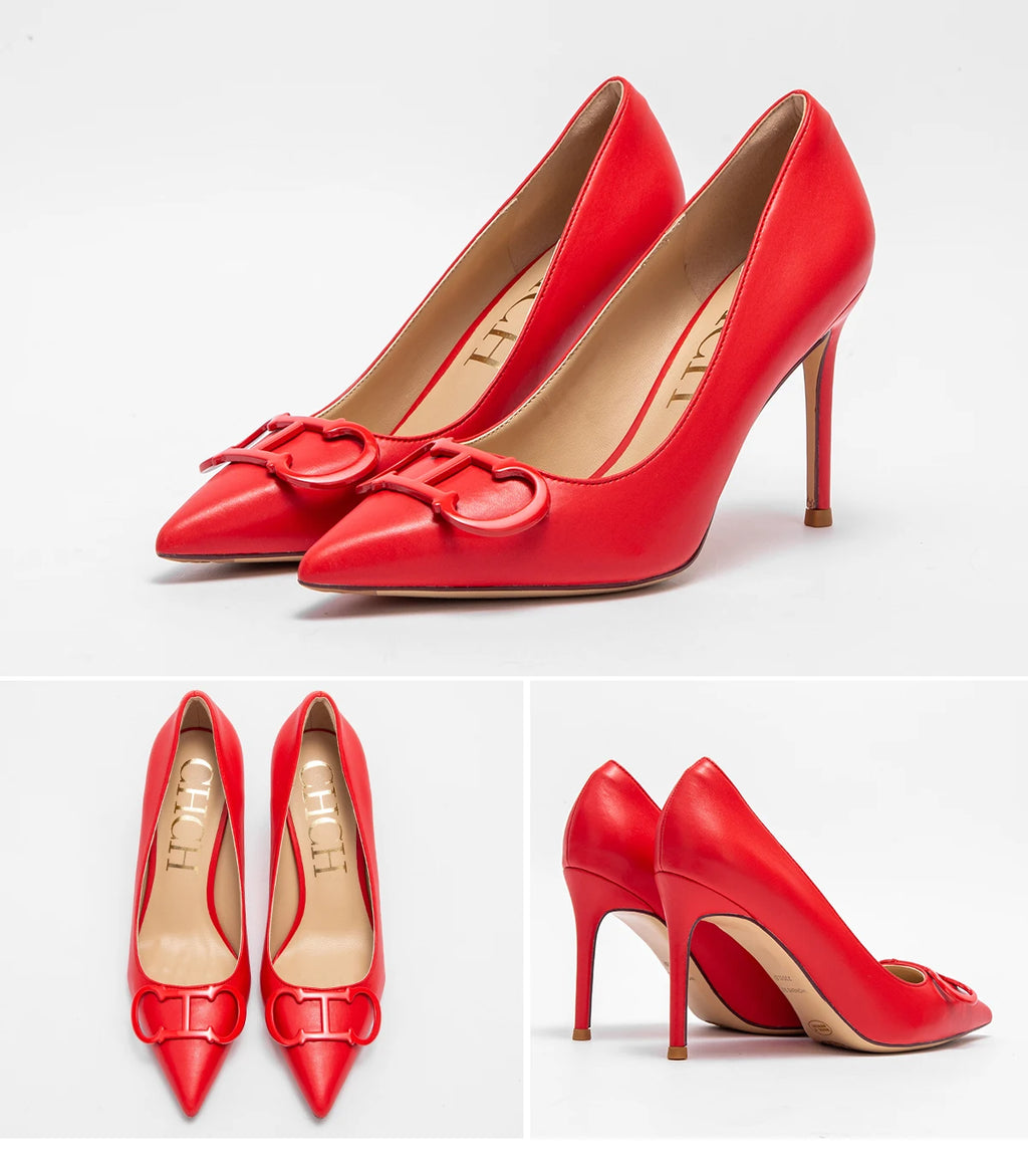 Zapatos de Tacón Alto con Hebilla Metálica y Punta Fina para Mujer 9cm