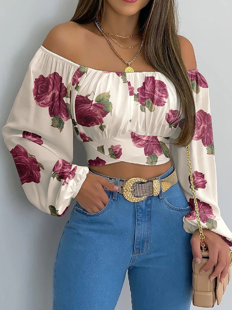 Blusa con Hombros Descubiertos y Lazo de Manga Larga