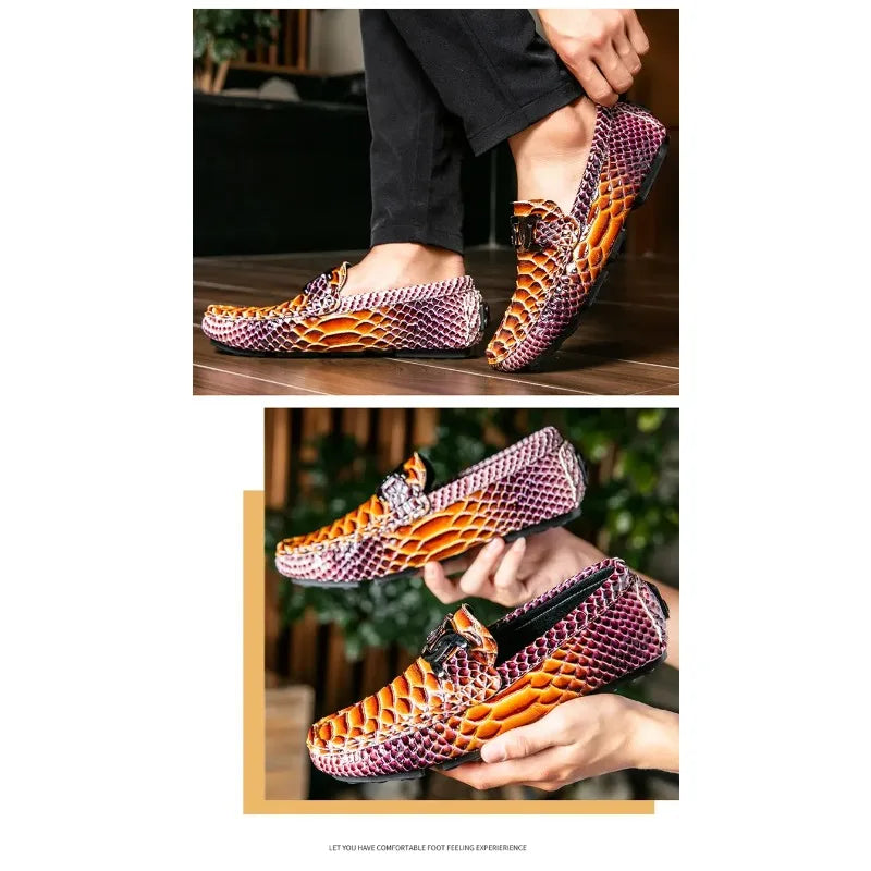 Mocasines de cuero con estampado de serpiente para hombre