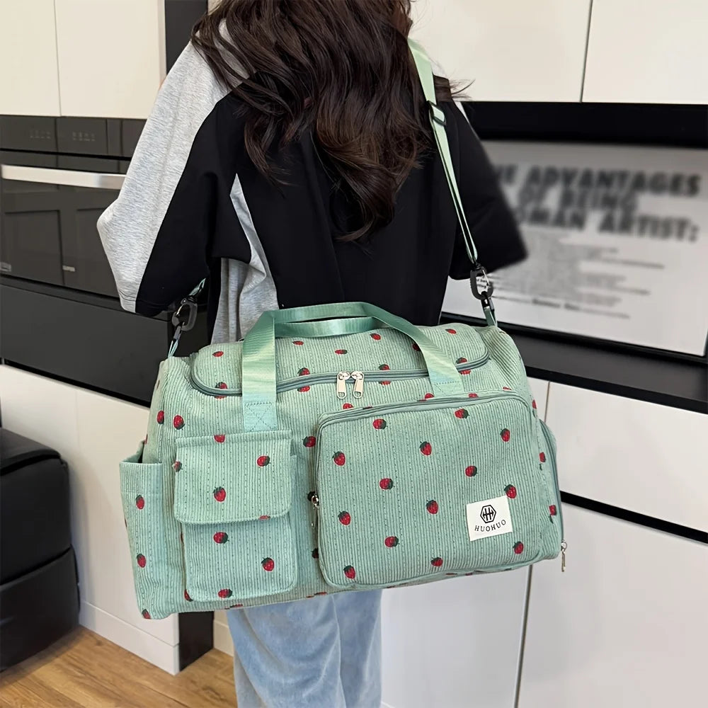 Bolsa de viaje de fresa, bolsa de equipaje de pana de gran capacidad, bolso cruzado ligero, bolsa deportiva y de fitness multifuncional