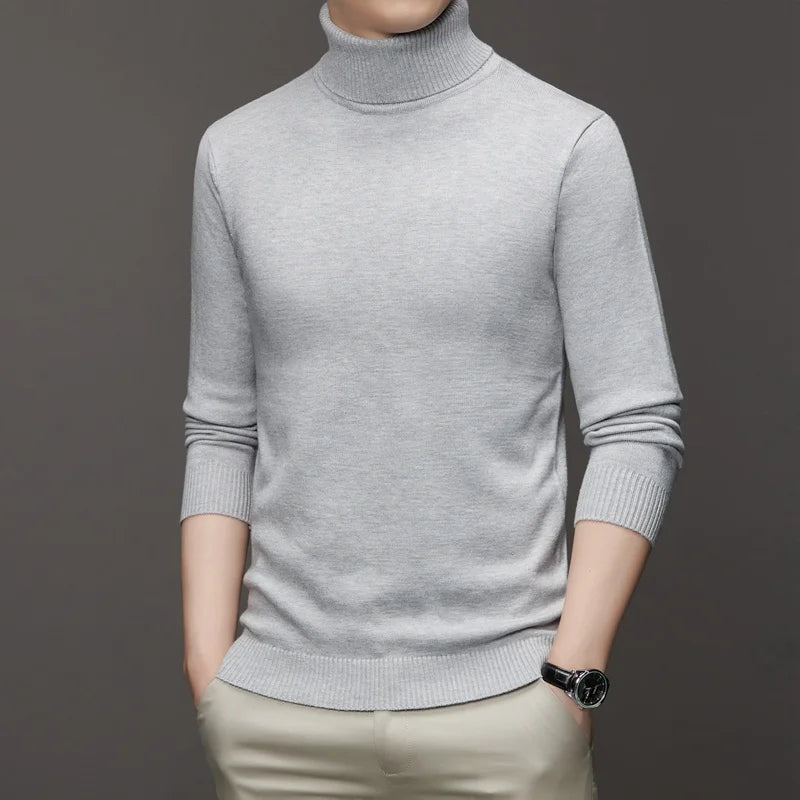 2025 nuevos suéteres de punto para hombre, jerseys transpirables de cuello alto de Color sólido, ropa de calle básica cálida para exteriores, Tops de negocios de otoño