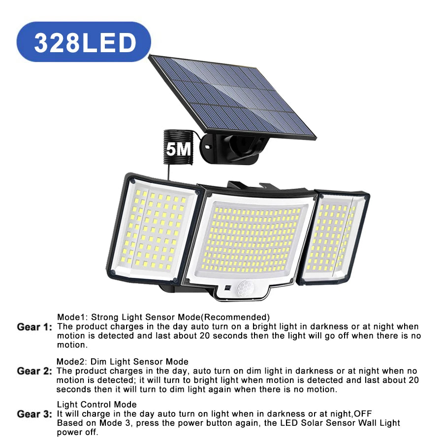 Lámpara Solar LED Exterior con Sensor de Movimiento IP65 3 Modos