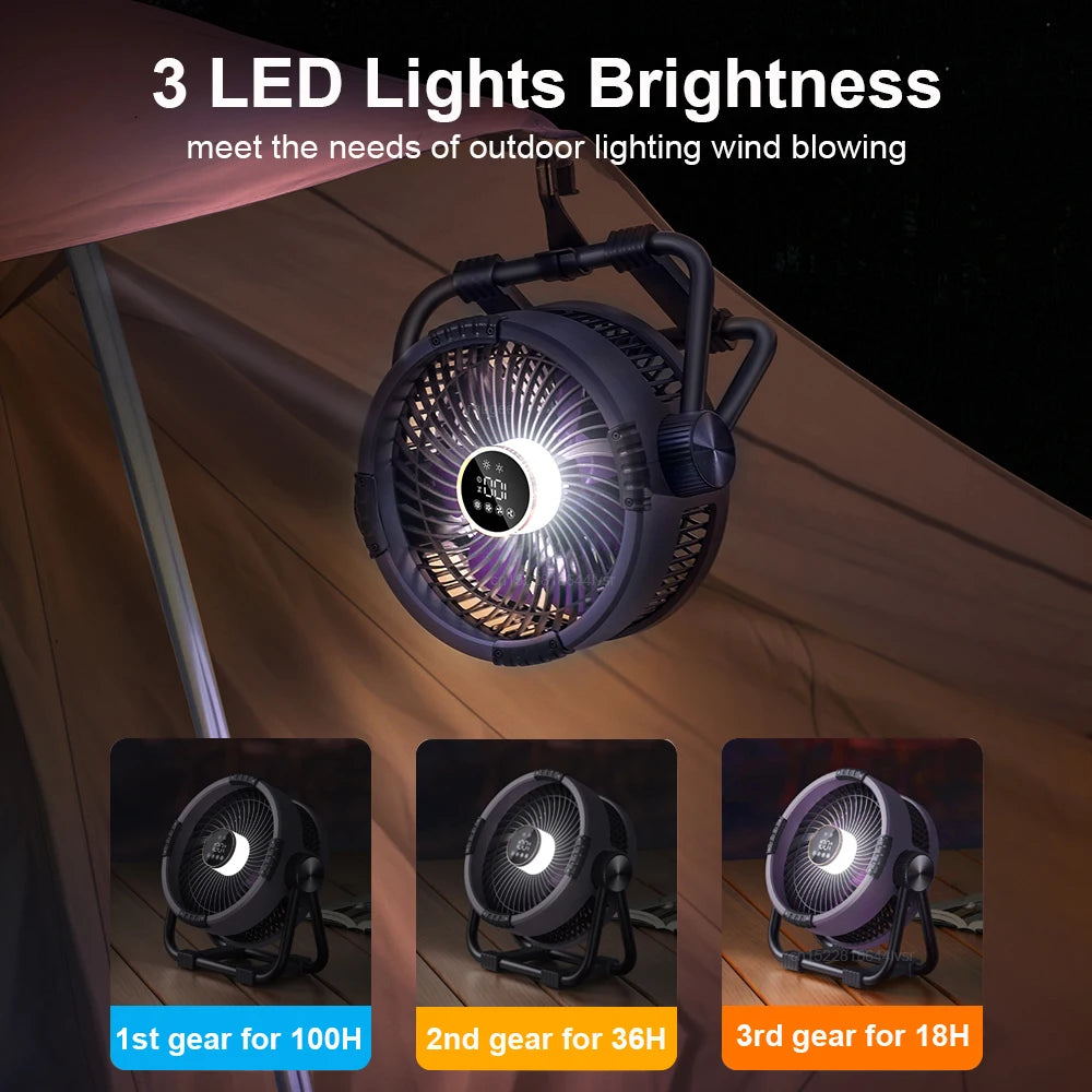 Ventilador de Camping Portátil Recargable con Luz LED