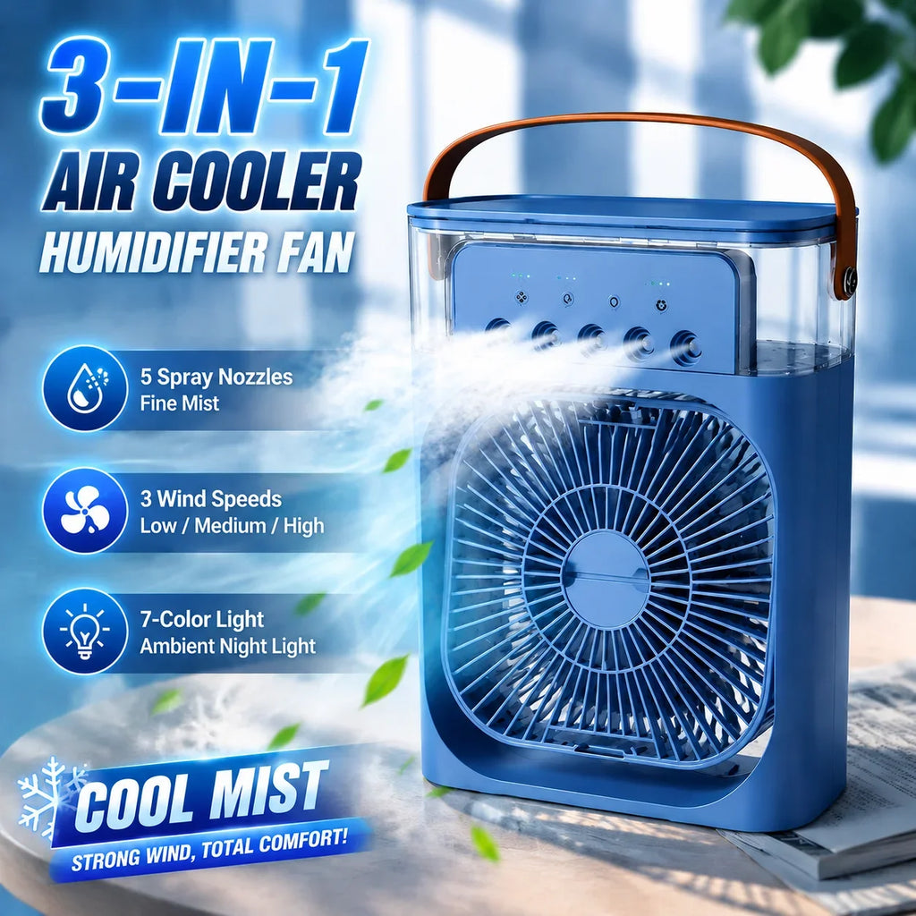Ventilador 3 en 1 Portátil con Luz LED y Humidificador