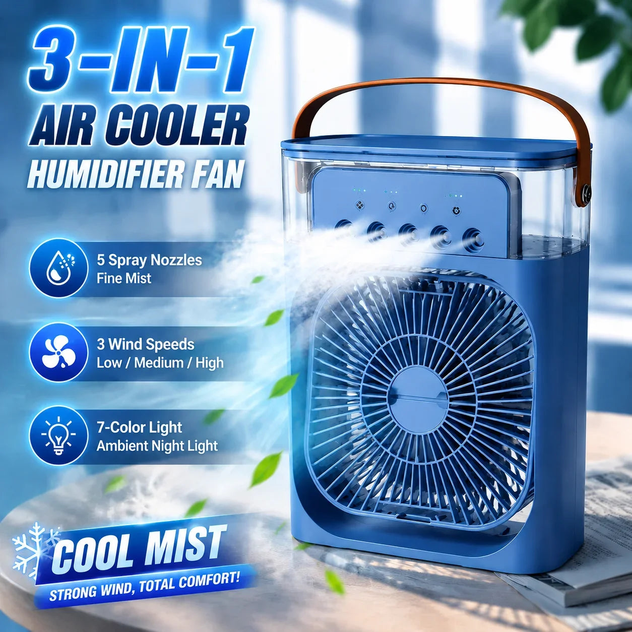 Ventilador 3 en 1 Portátil con Luz LED y Humidificador