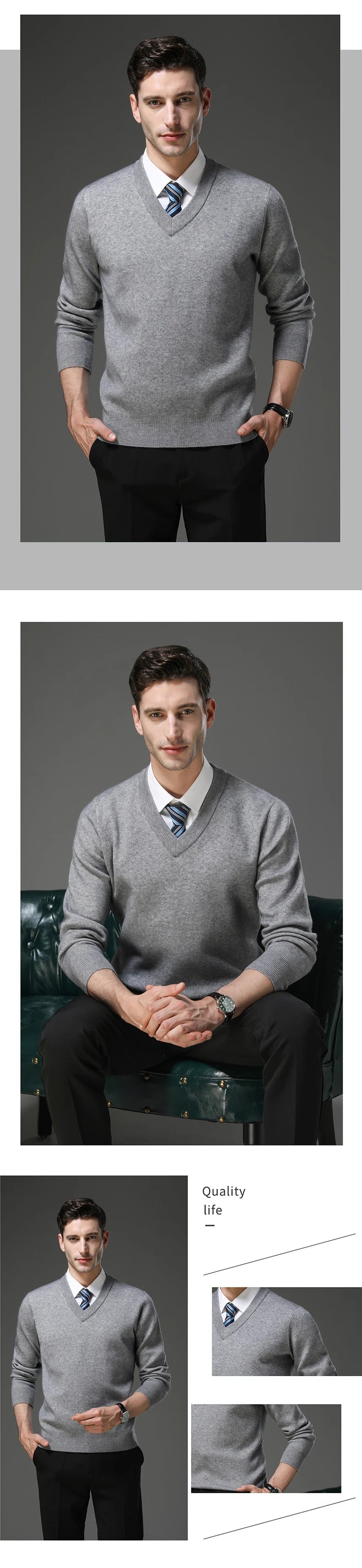 Suéter de Punto Grueso Antipilling para Hombre - Cuello en V