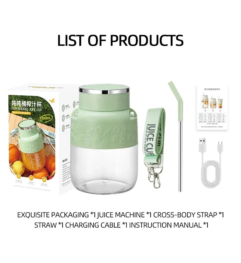 Exprimidor Portátil Eléctrico 800ml — 10 Cuchillas de Acero Inoxidable