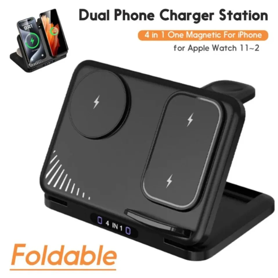 Cargador Inalámbrico 4 en 1 para Dos Teléfonos, Compatible con iPhone 17~12, Samsung S25, Xiaomi, Airpods Pro, Apple Watch 11~2, Carga Rápida Magnética