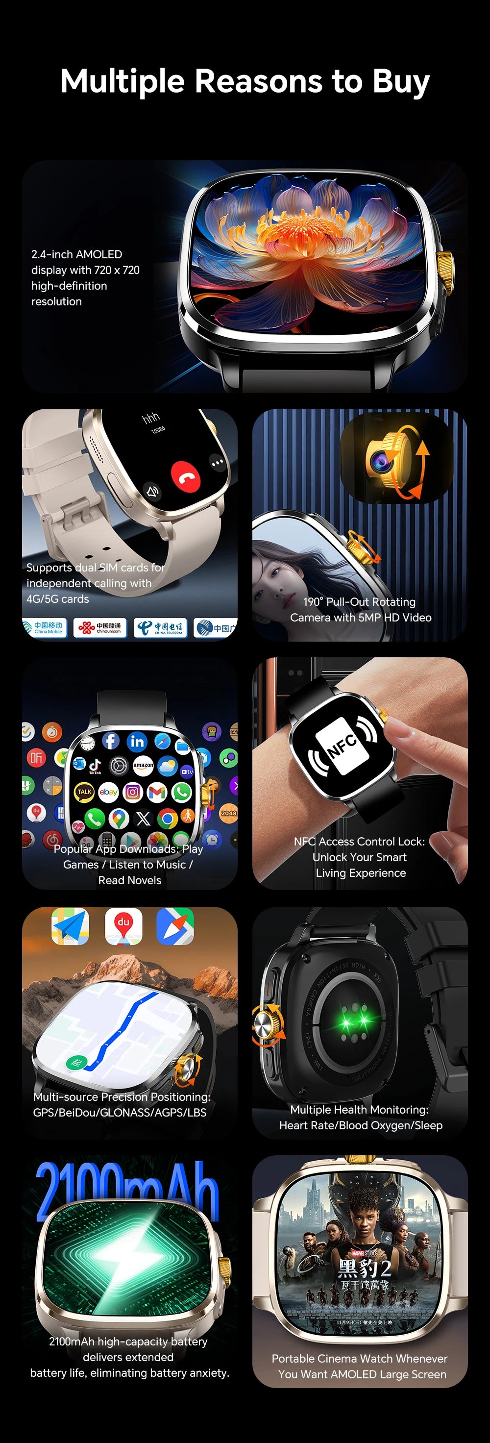 S99 Smartwatch 5G con pantalla Amoled de 2,4 pulgadas 900W cámara giratoria WIFI GPS posición brújula NFC Bluetooth reloj inteligente hombres mujeres