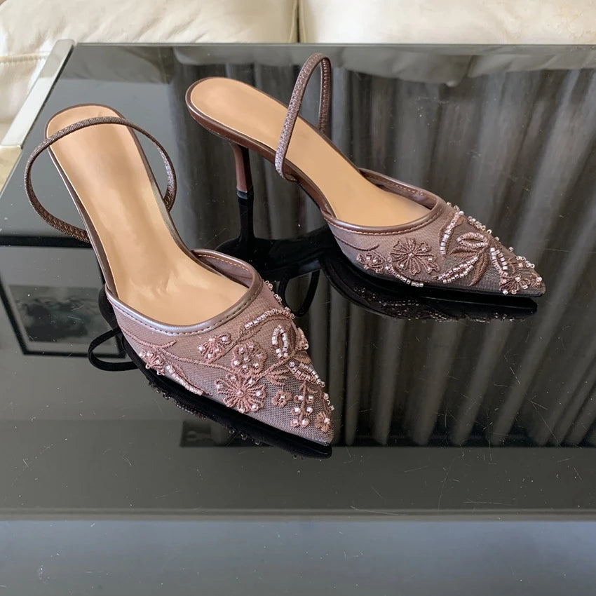 Sandalias de Tacón Alto con Malla Bordada y Cuentas para Mujer