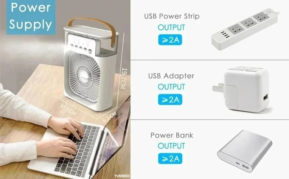 Ventilador 3 en 1 Portátil con Luz LED y Humidificador