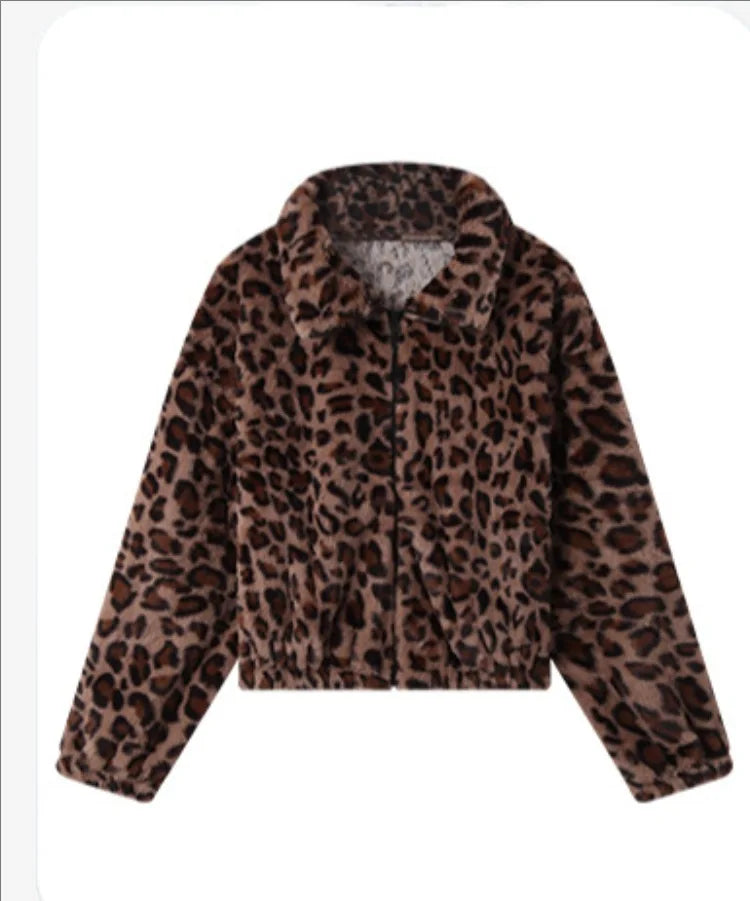 Chaqueta con estampado de leopardo para mujer, abrigo grueso de felpa con capucha, abrigo cálido de manga larga, cárdigan holgado con cremallera suave, cazadora para mujer, otoño e invierno