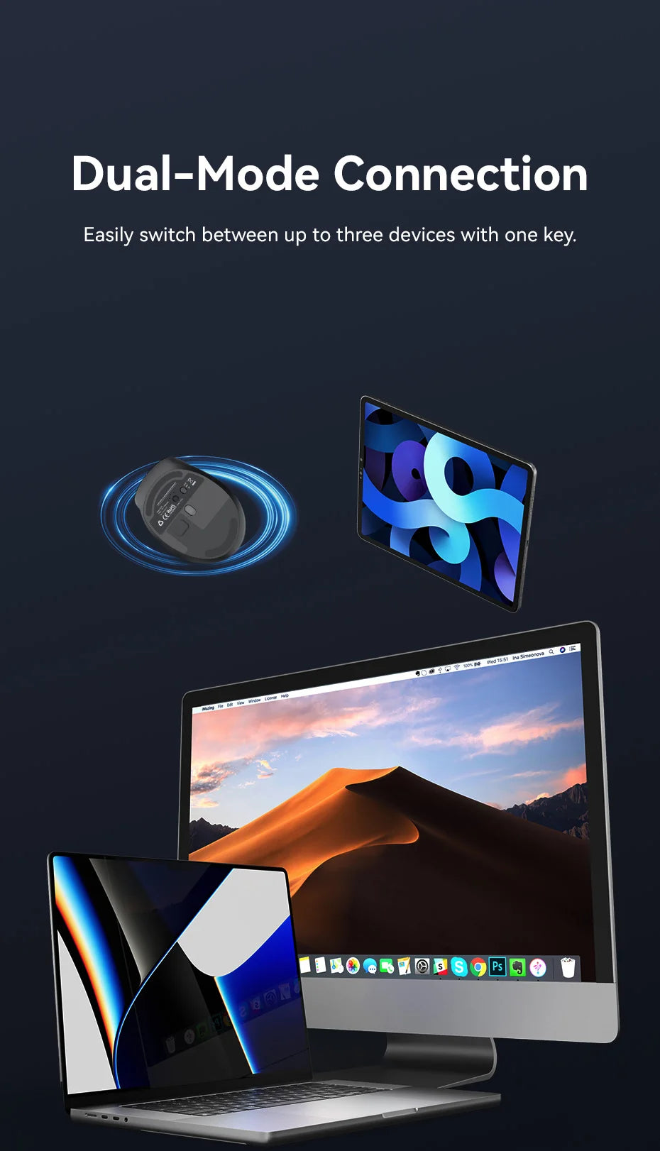 Vention-ratón inalámbrico Bluetooth 5,1, USB 2,4G, modo Dual, ergonómico, 4000 DPI, silencioso, 6 botones, para MacBook, tableta, portátil, PC